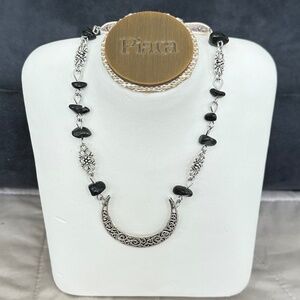 Silver Tone Crescent Moon Filigree Necklace w/Black Onyx Crystal/Stone Chips